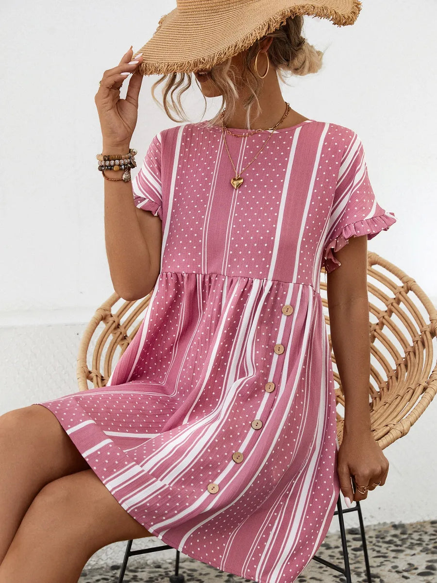 close up view of pink Striped Polka Dot Frill Short Sleeve Mini Dress 