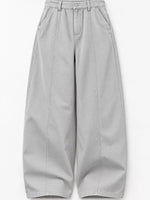 Light gray wide-leg pants with a relaxed, straight-to-slightly-cropped leg and front slash pockets, shown flat on a white background.