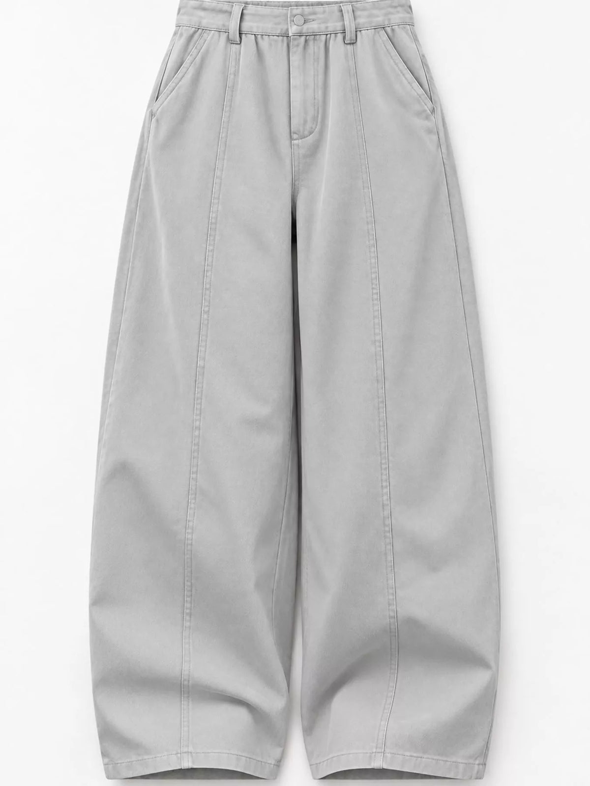 Light gray wide-leg pants with a relaxed, straight-to-slightly-cropped leg and front slash pockets, shown flat on a white background.