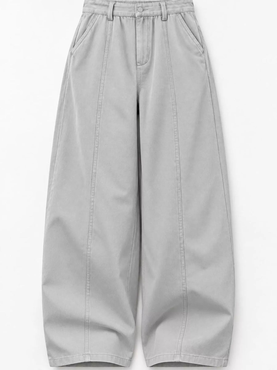 Light gray wide-leg pants with a relaxed, straight-to-slightly-cropped leg and front slash pockets, shown flat on a white background.