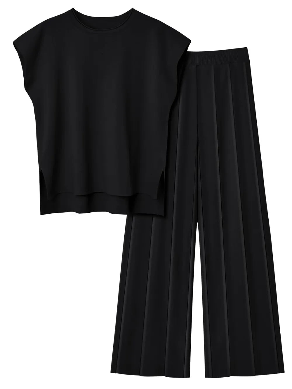 Black sleeveless top and wide-leg pants on a white background