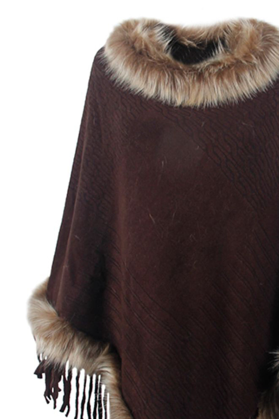 Brown poncho with fur trim on a white background