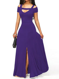 Purple evening gown with cut-out shoulders and a high slit on a white background