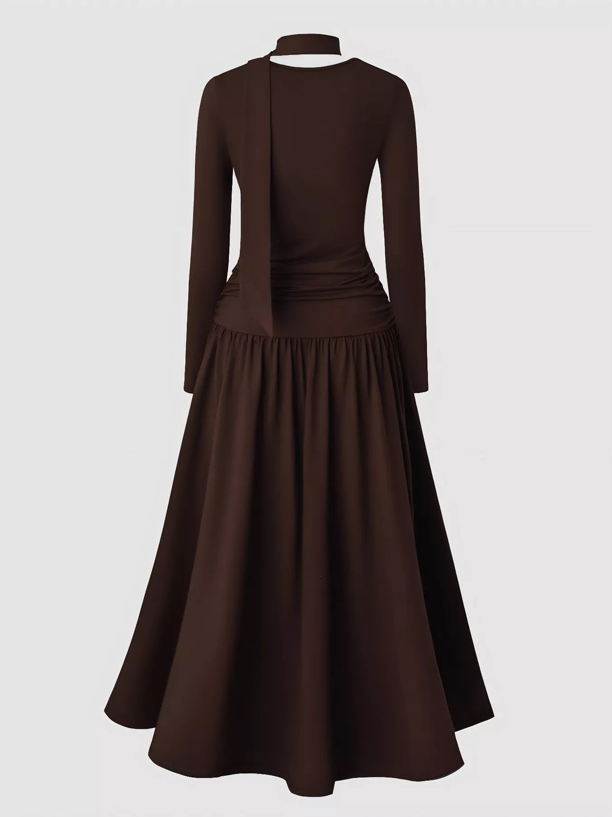 Brown dress with long sleeves on a mannequin against a white background
