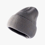 Gray knit beanie on a white background