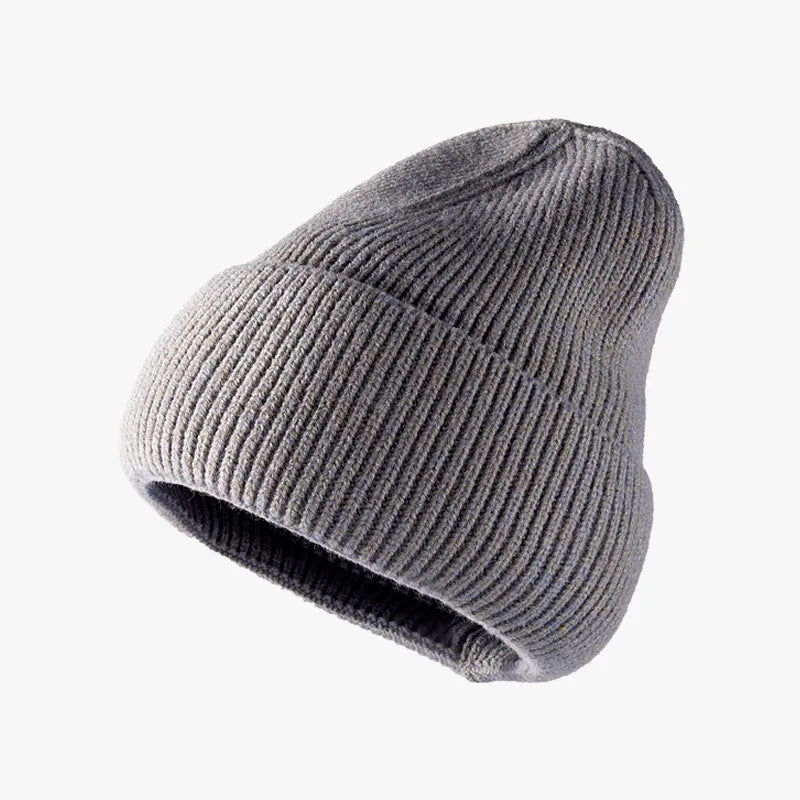 Gray knit beanie on a white background