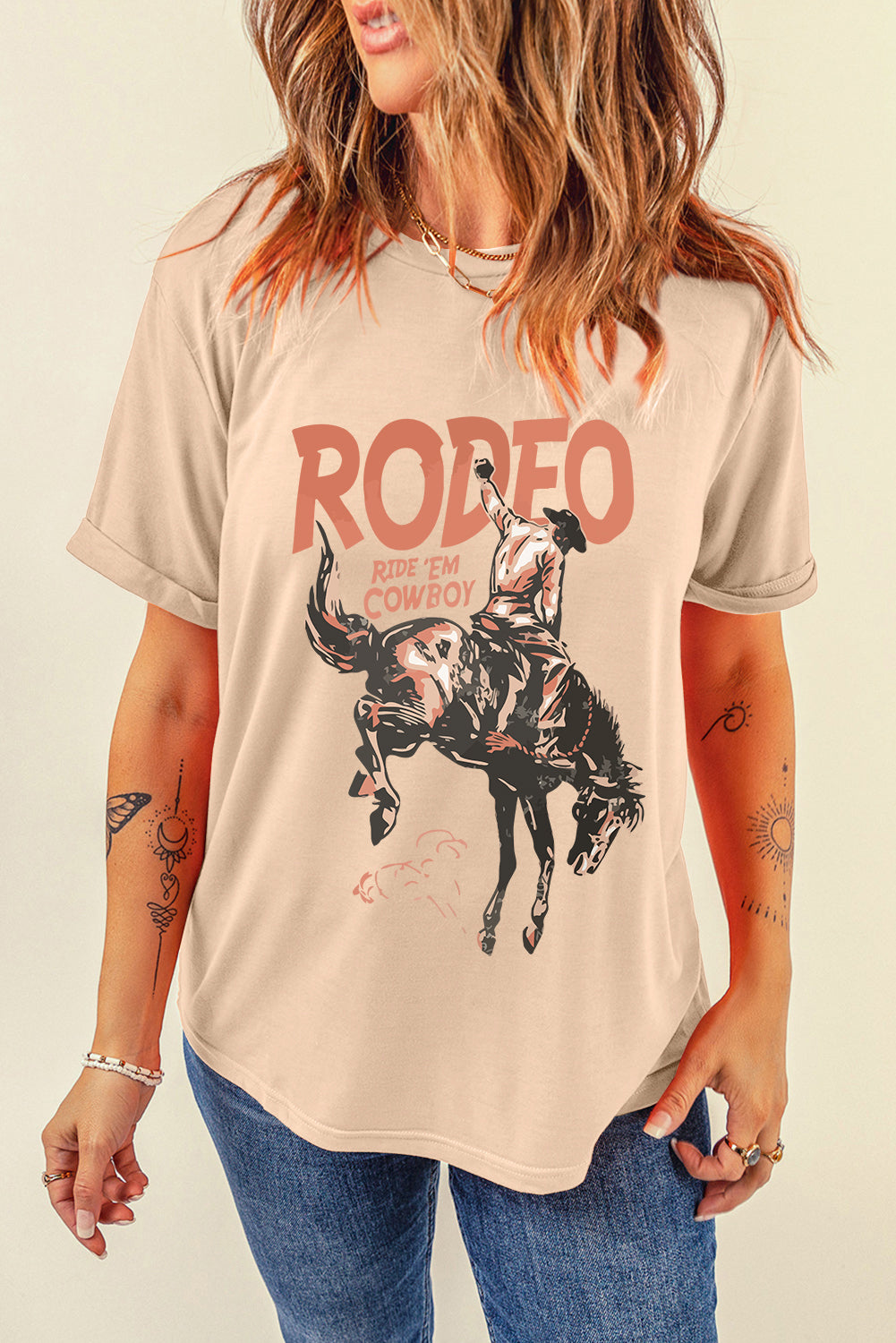 Front view of brown Cowboy Graphic Round Neck Short Sleeve T-Shirt
