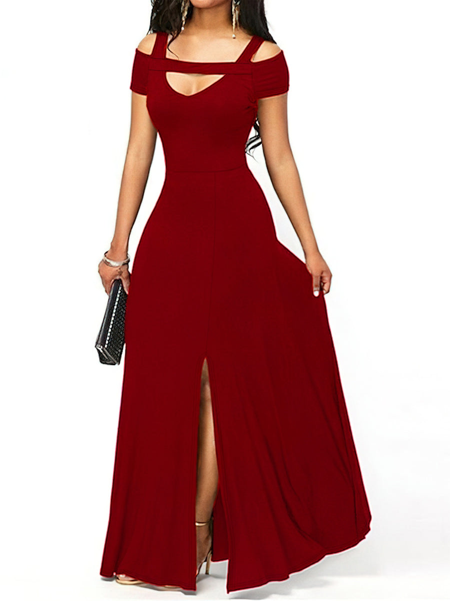 Burgundy evening gown with cut-out shoulders and a high slit on a white background