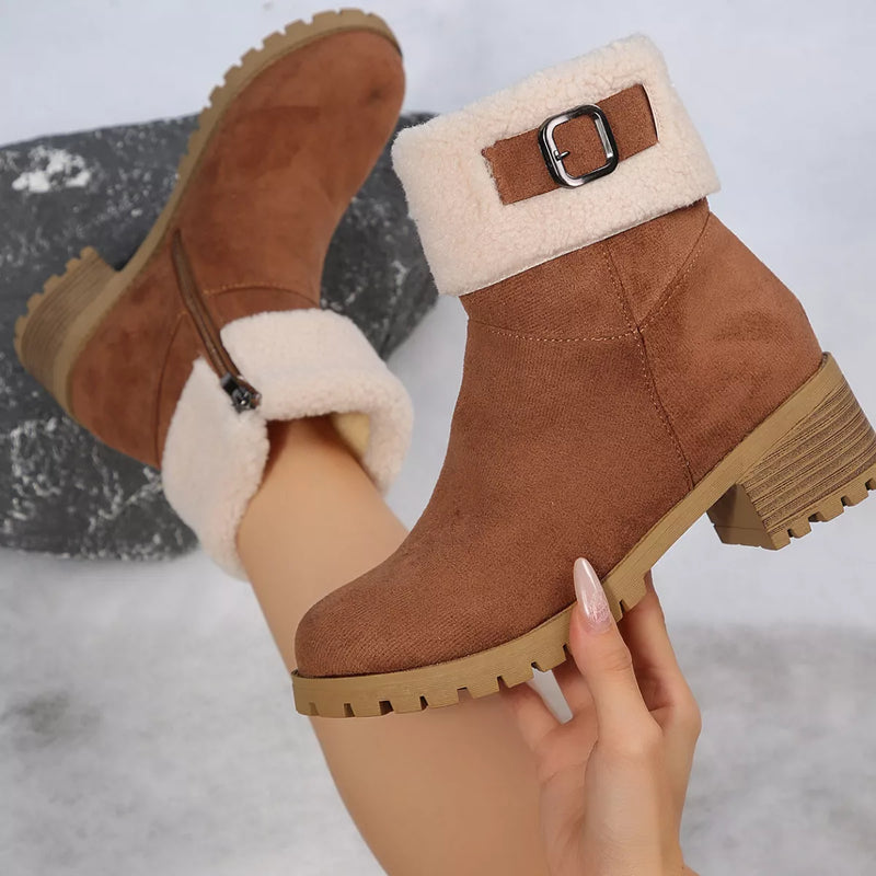 Woman shoing a side view of Round Toe Block Heels Boots