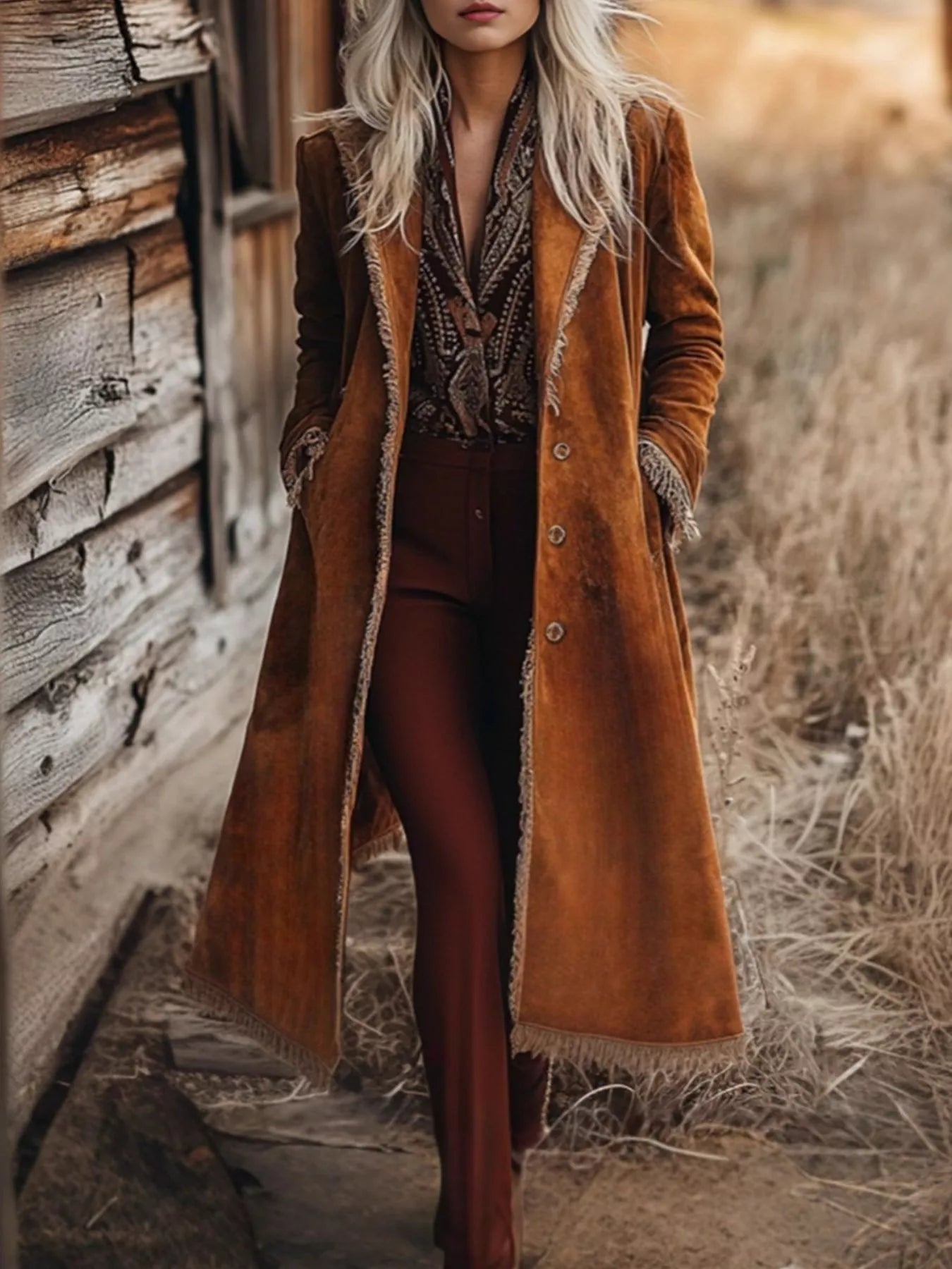 Person wearing a long brown coat standing in front of a wooden building with dry grass.