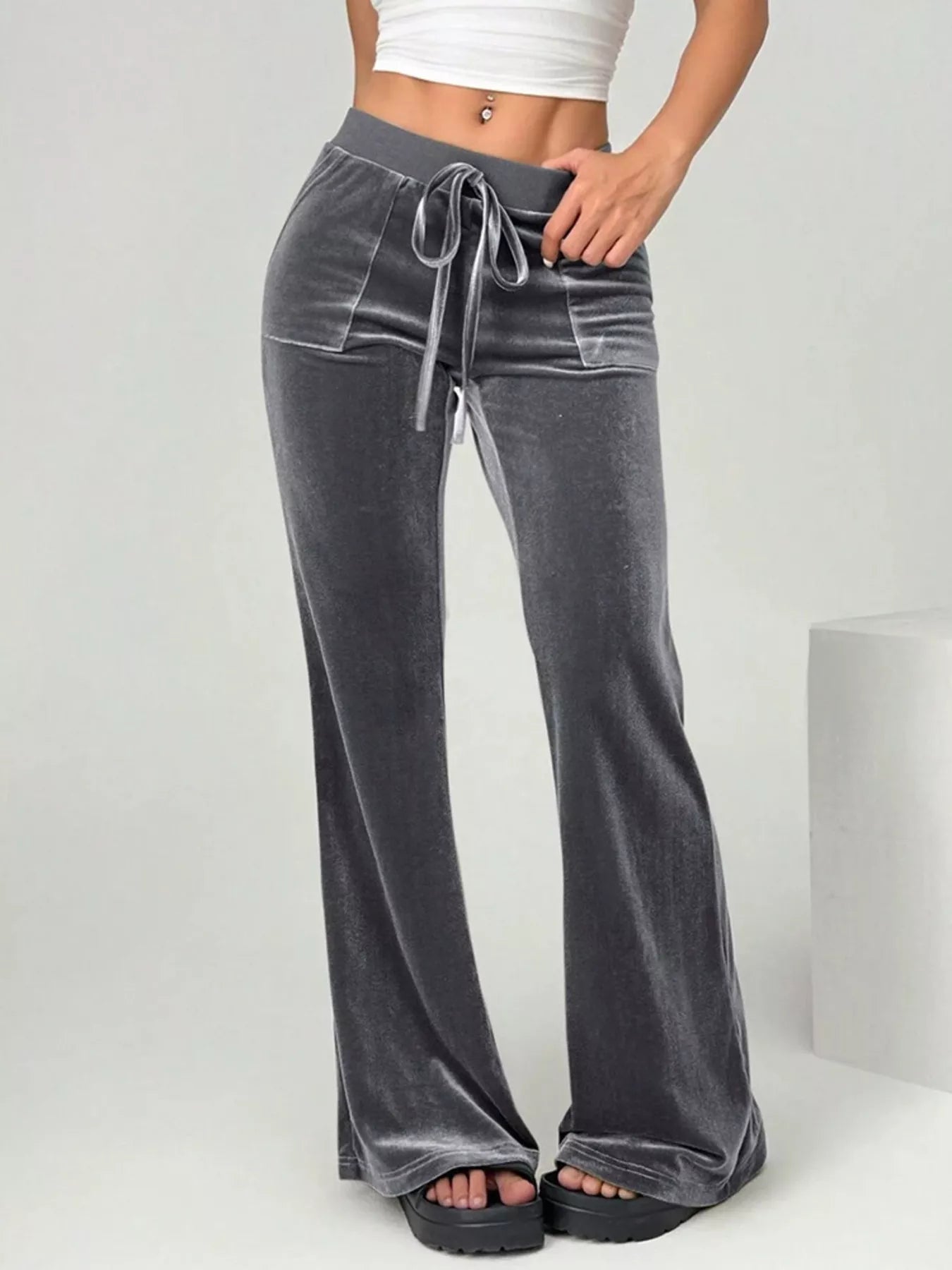 Gray wide-leg pants with drawstring waist on a white background