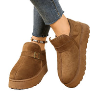 Brown suede shoes with a buckle on a white background