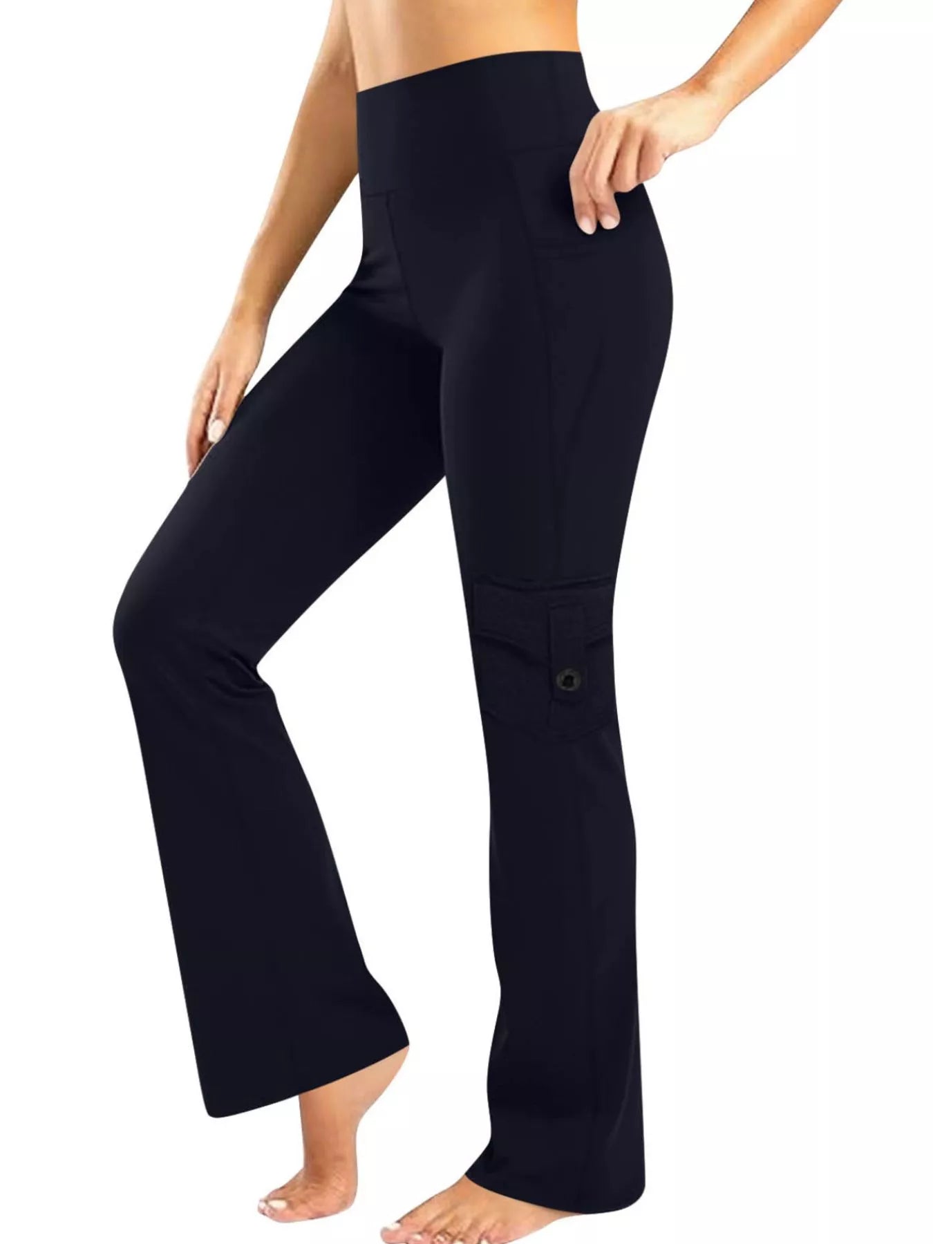 Black pants worn by a person on a white background