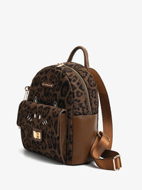 Leopard print backpack with brown accents on a white background