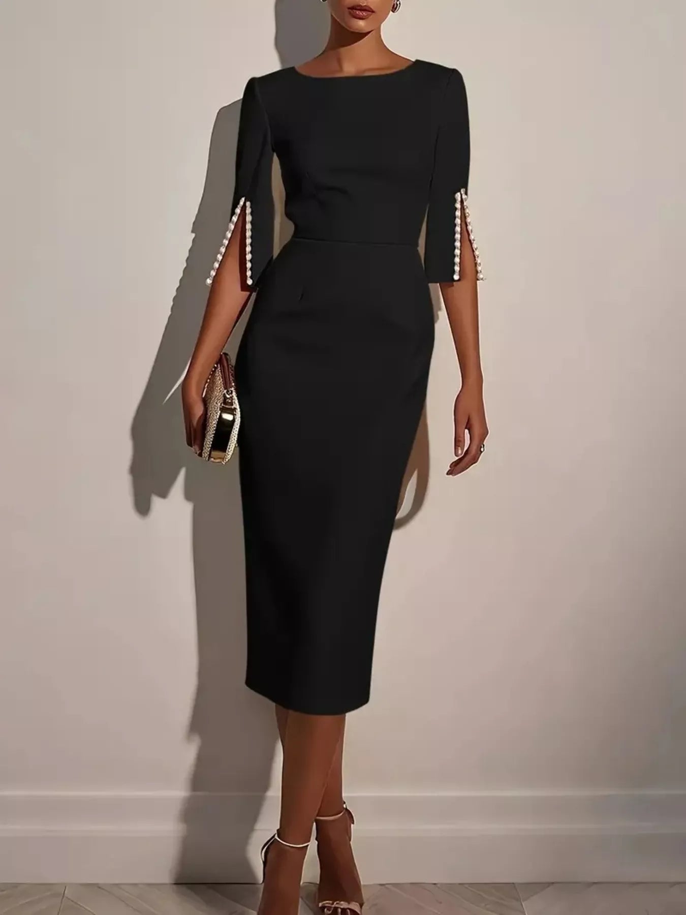 Black dress with pearl embellishments on sleeves against a plain background