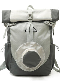 Gray and white backpack with a mesh pocket on a white background