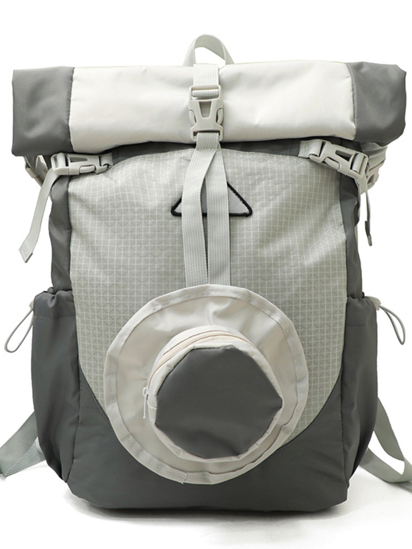 Gray and white backpack with a mesh pocket on a white background