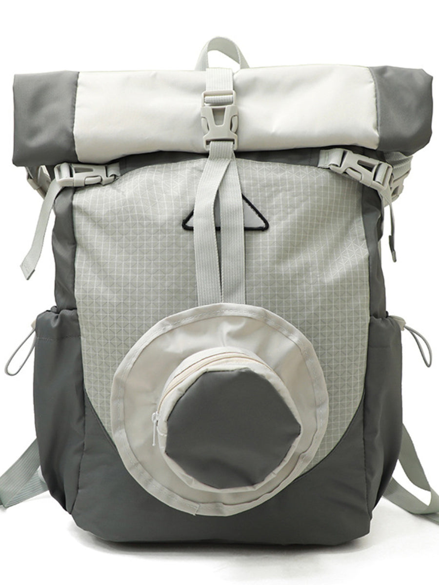 Gray and white backpack with a mesh pocket on a white background
