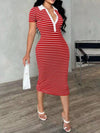 Women Party Club Beach Bodycon Striped Polo Collar Midi Dress