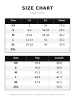 A size chart table showing measurements in inches for sizes XS through 2XL, with columns for US, EU, Waist, Hip, and Length.