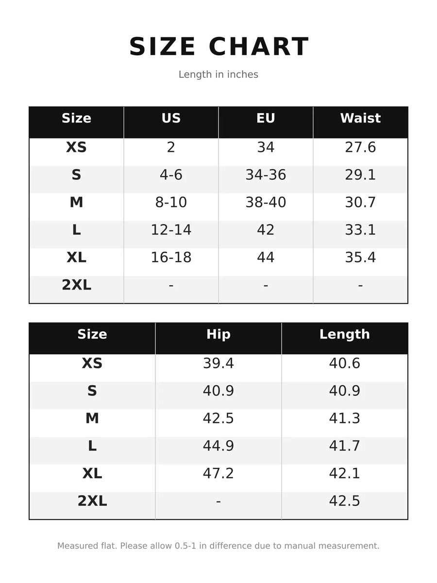 A size chart table showing measurements in inches for sizes XS through 2XL, with columns for US, EU, Waist, Hip, and Length.