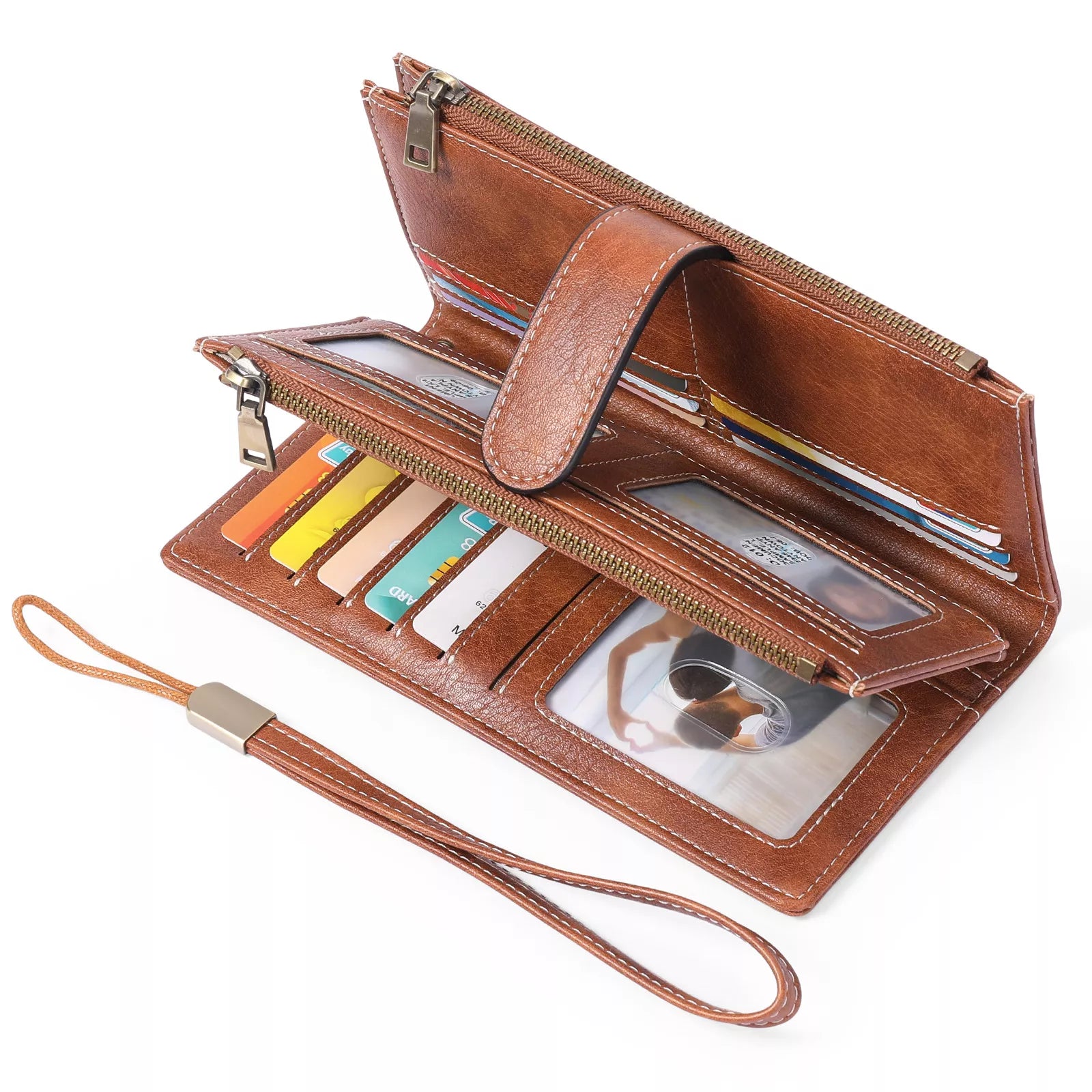 Brown leather wallet with card slots and a strap on a white background