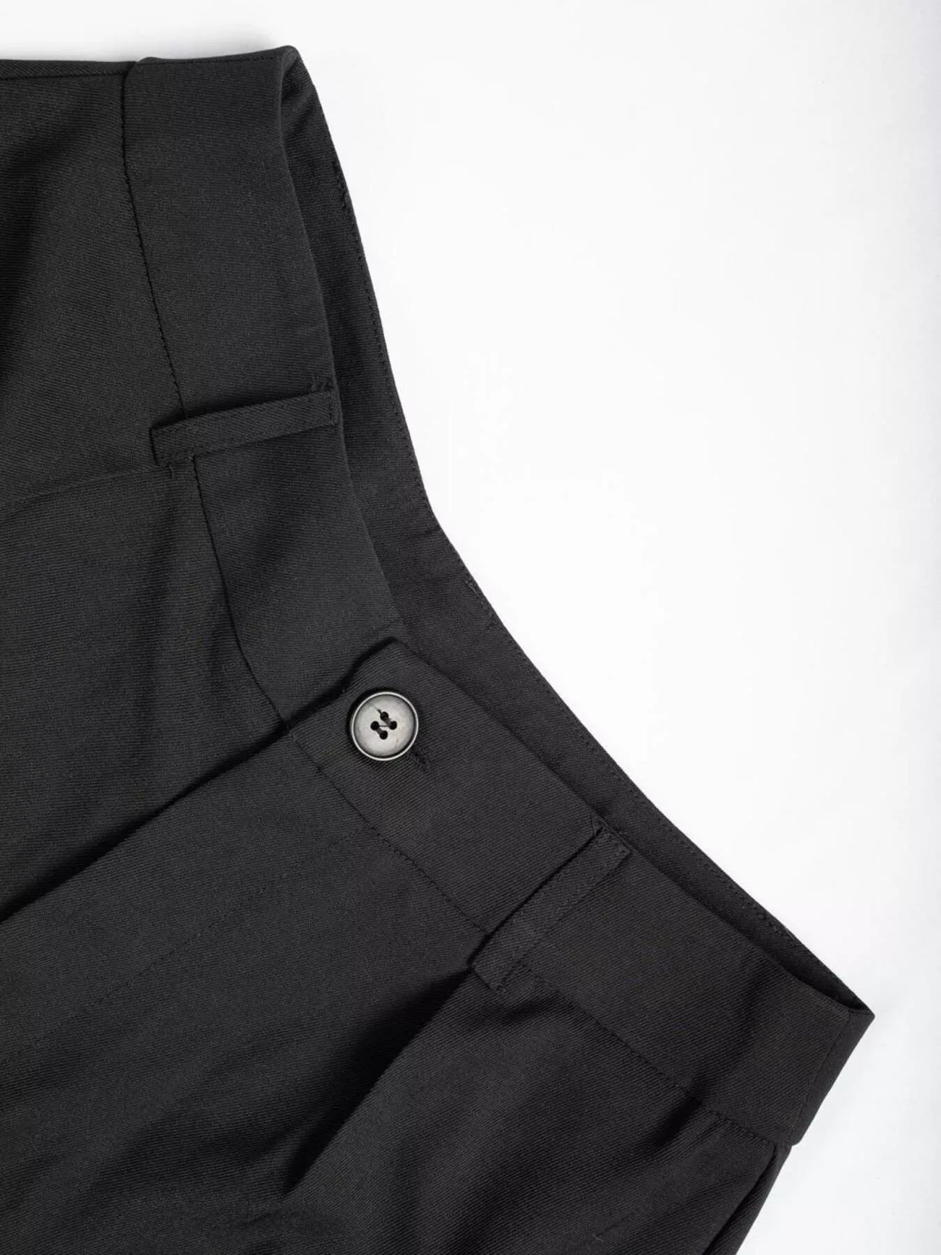Close-up of black pants with a button on a white background