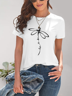 White Dragonfly Graphic Round Neck Short Sleeve T-Shirt