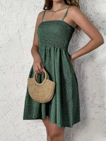 Left side view of green Full Size Smocked Square Neck Cami Dress Plus Size
