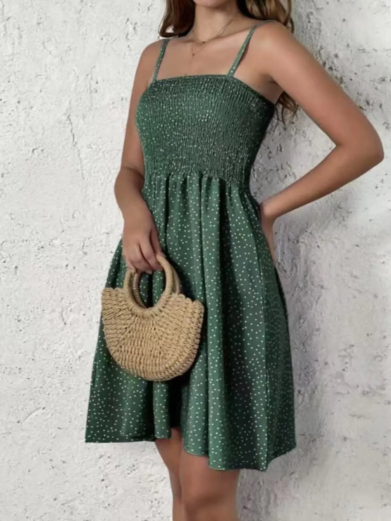Left side view of green Full Size Smocked Square Neck Cami Dress Plus Size