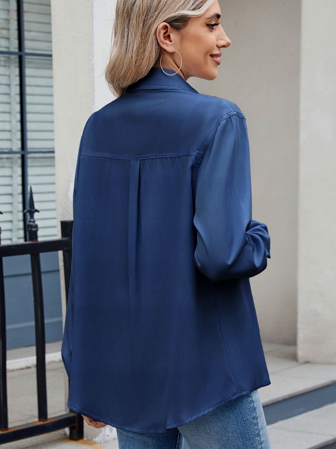Back view of blue Solid Color Collared Neck Long Sleeve Shirt