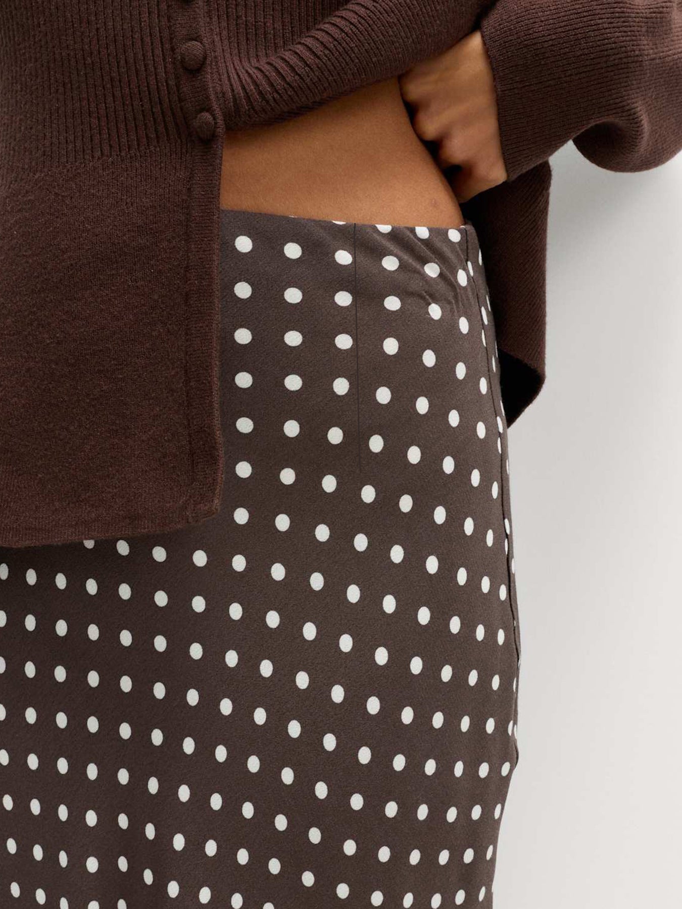Brown polka dot skirt with a brown cardigan on a white background