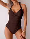 Women Full Slimming Twisted Front Halter Neck Ruched One-Piece Swimsuit
