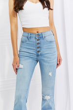 Close up view of Vibrant MIU Jess Flare Jeans | Ultra High Rise Button Fly Denim