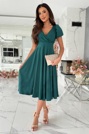 Green Surplice Puff Sleeve Midi Dress