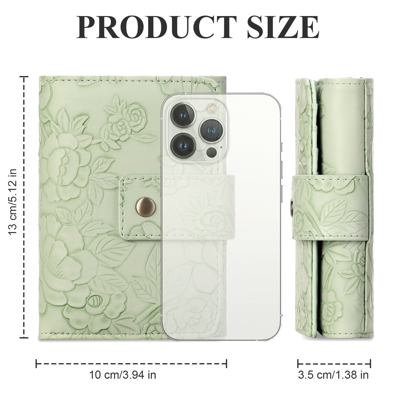 Green floral phone case with dimensions displayed