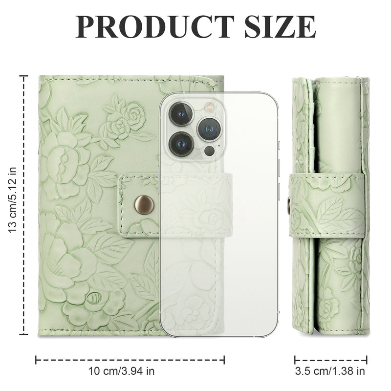 Green floral phone case with dimensions displayed