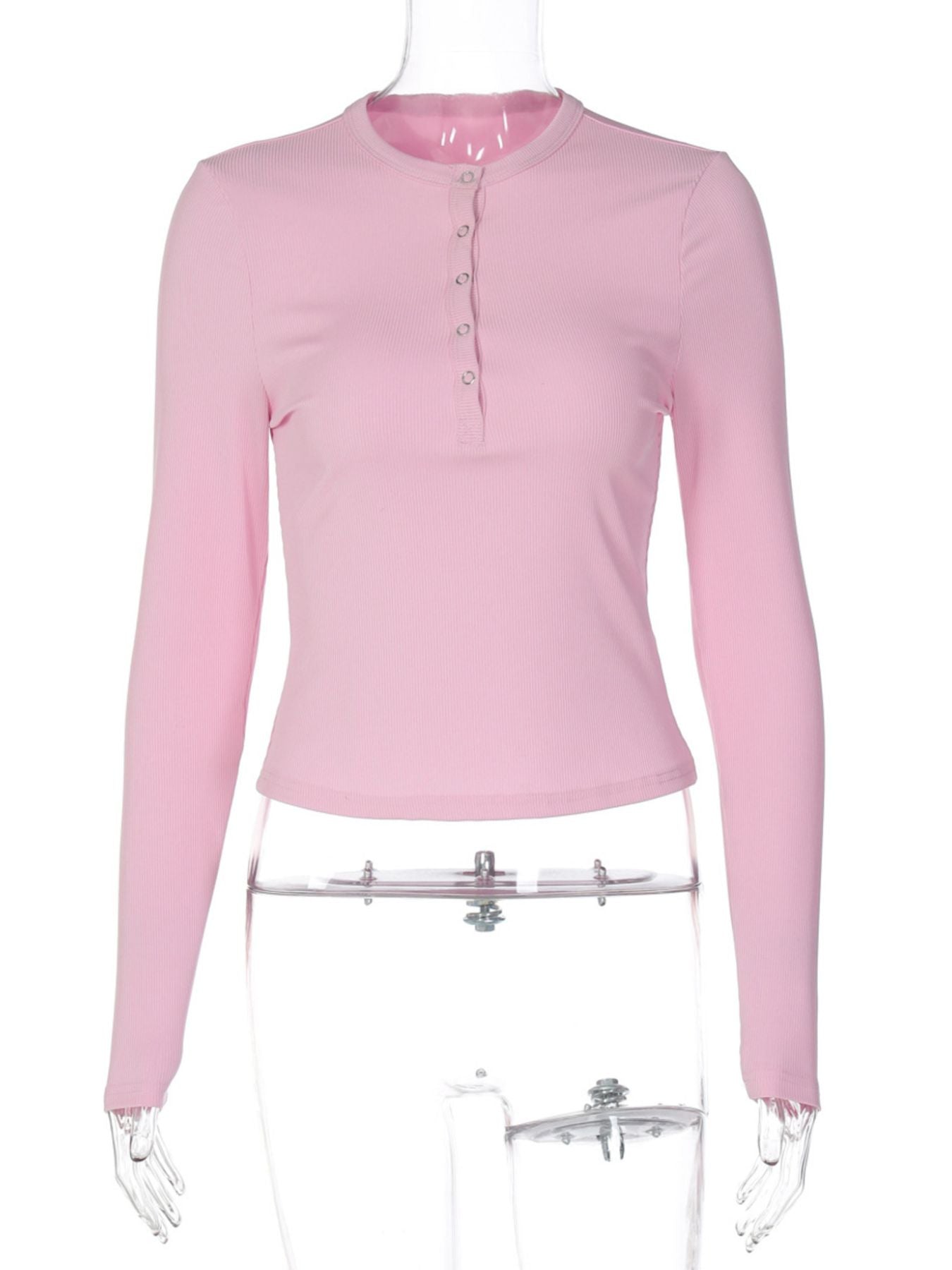 Pink long-sleeve shirt on a mannequin against a white background