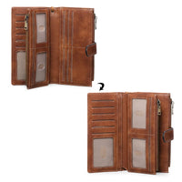 Brown leather wallet with multiple compartments on a white background