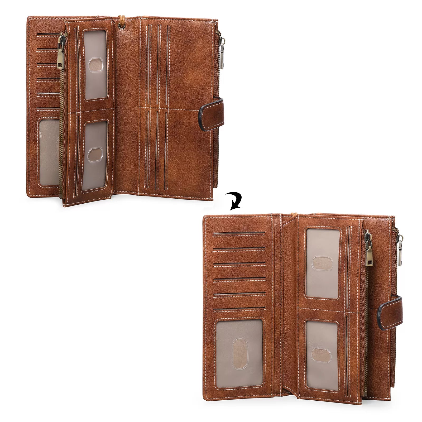 Brown leather wallet with multiple compartments on a white background