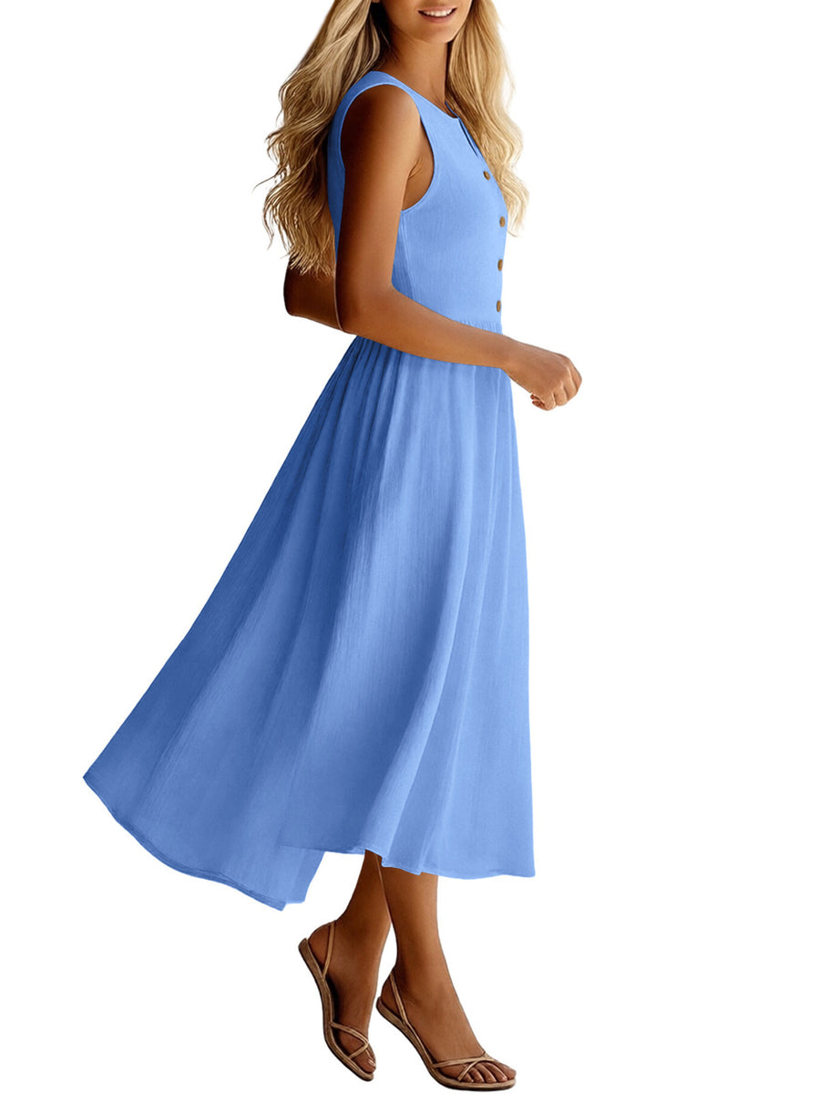 Woman wearing a light blue dress on a white background