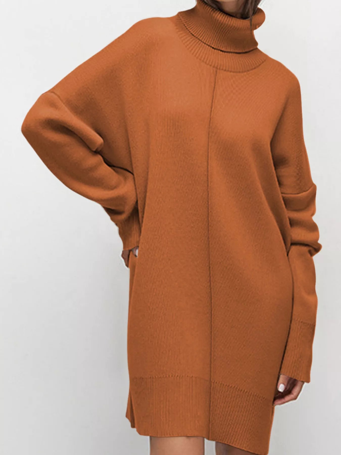 Brown turtleneck sweater dress on a white background