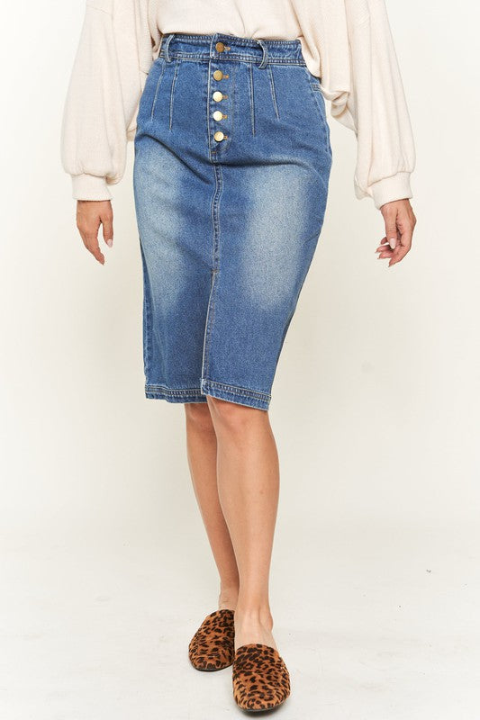 Zoomed in view of Denim button down front midi skirt 