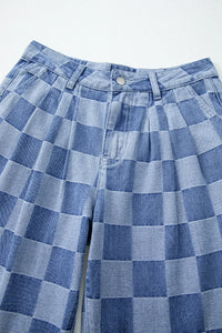 Blue checkered shorts on a white background