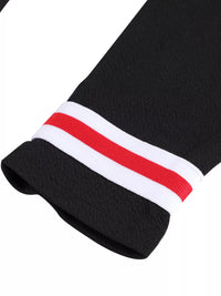 Black sock with a red and white striped band on a white background