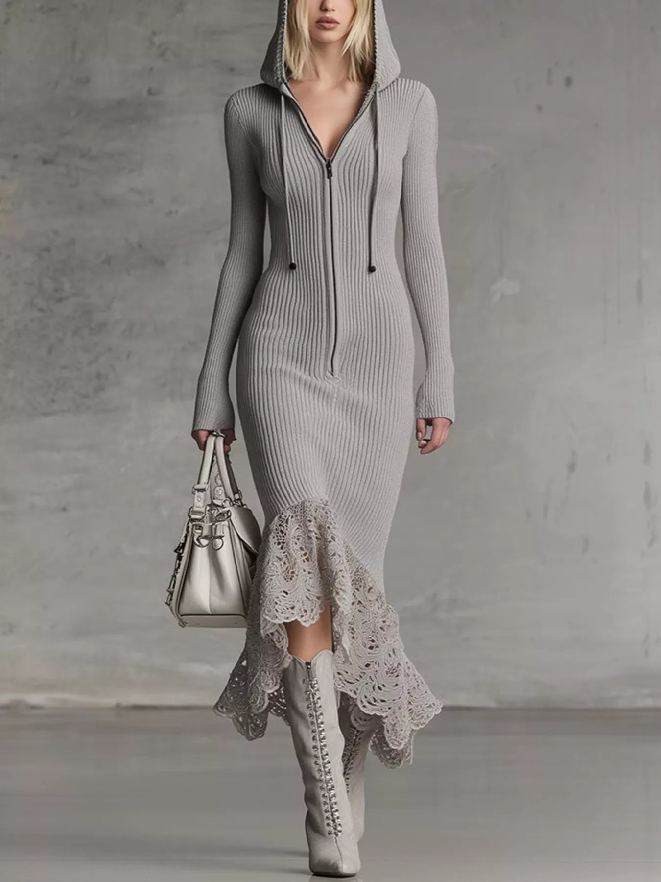 Woman wearing a gray ribbed dress with lace hem and white boots, holding a silver handbag against a plain background.