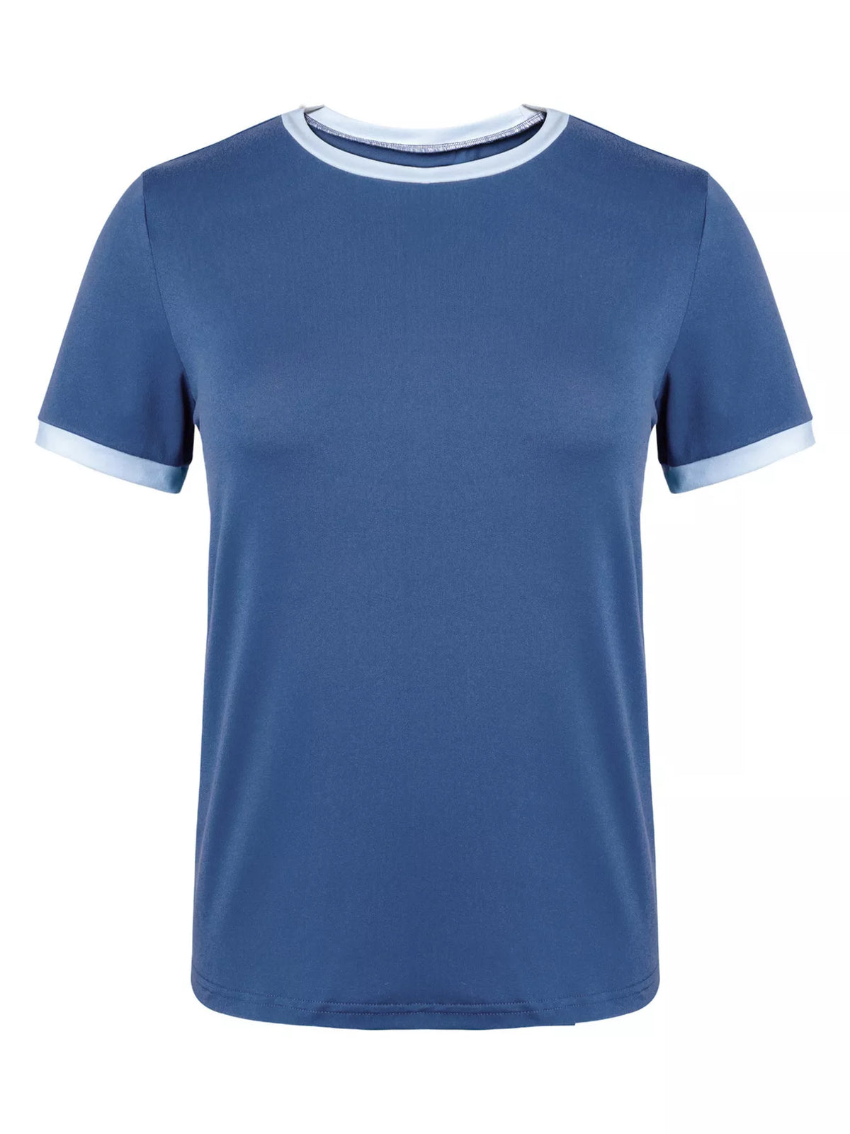 Blue t-shirt with white trim on a white background