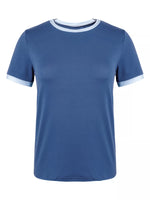 Blue t-shirt with white trim on a white background