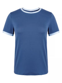Blue t-shirt with white trim on a white background