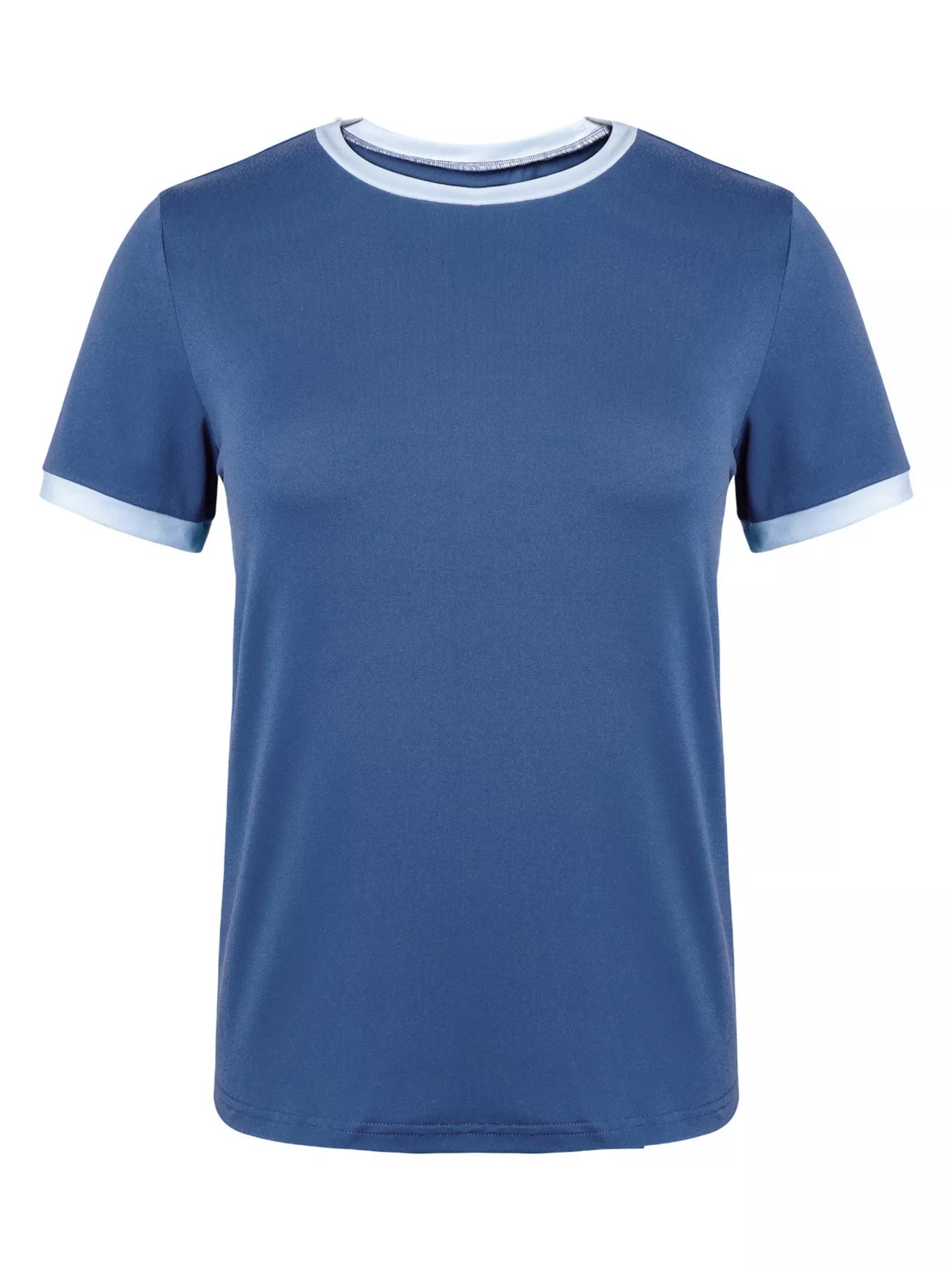 Blue t-shirt with white trim on a white background